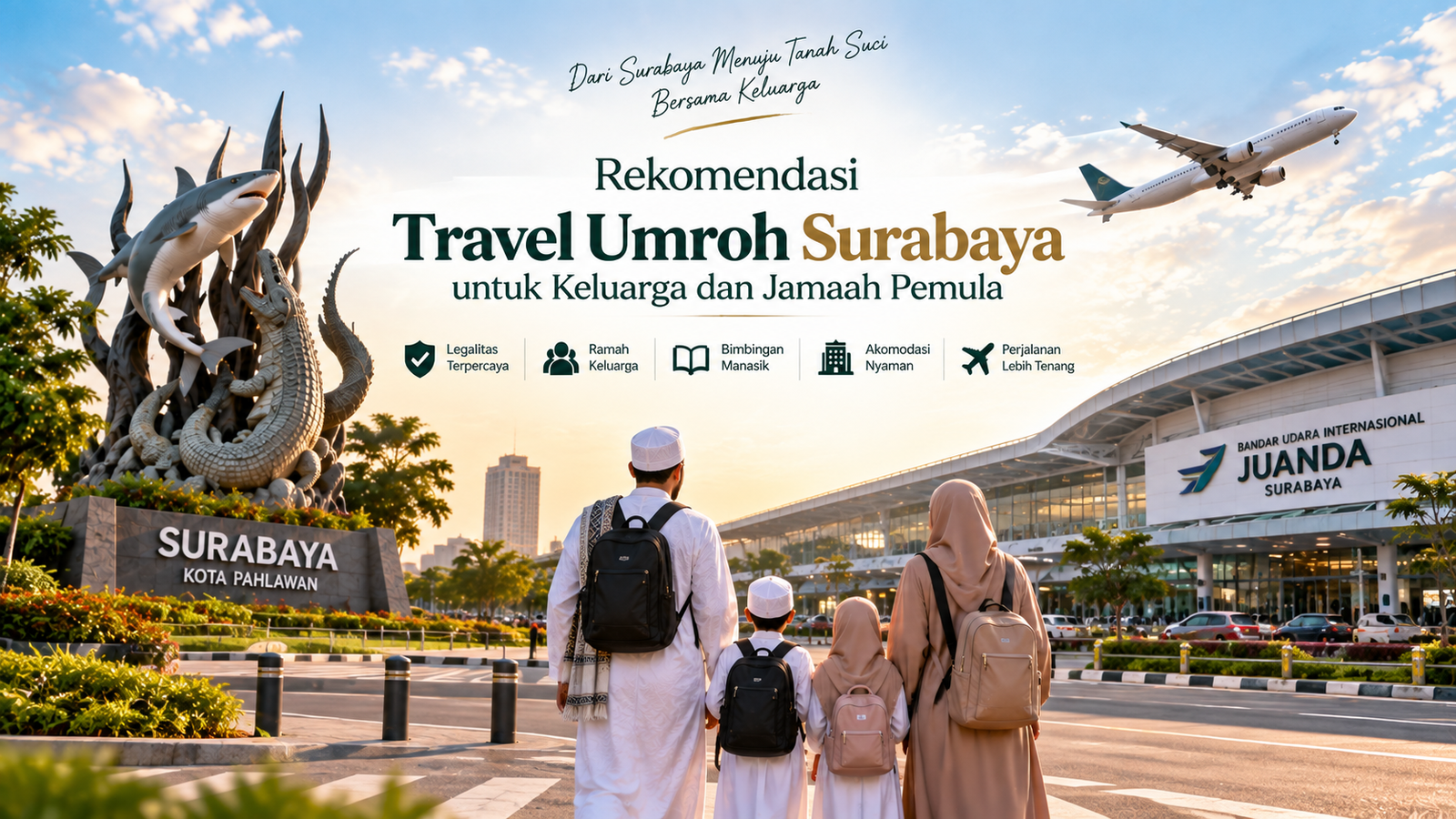 Ilustrasi keluarga calon jamaah umroh dari Surabaya di Bandara Juanda