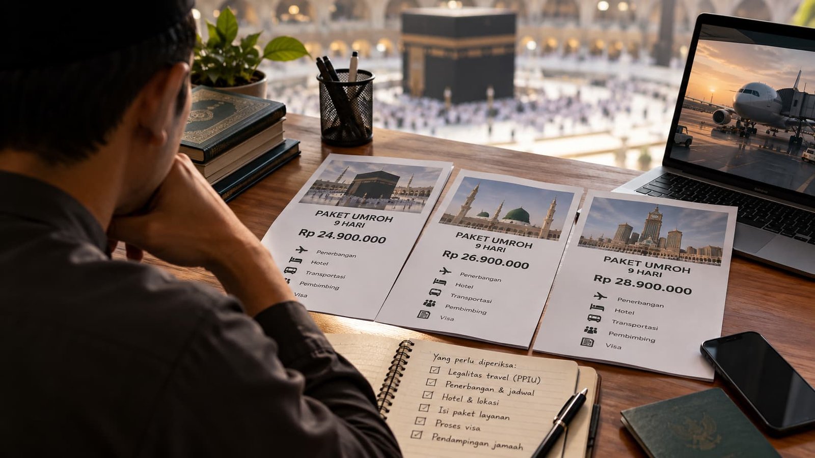 Calon jamaah memeriksa harga dan layanan travel Umroh sebelum memilih