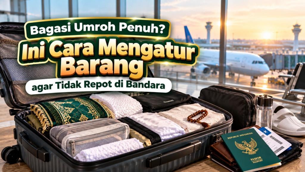 Ilustrasi koper dan barang bawaan umroh yang ditata rapi sebelum keberangkatan